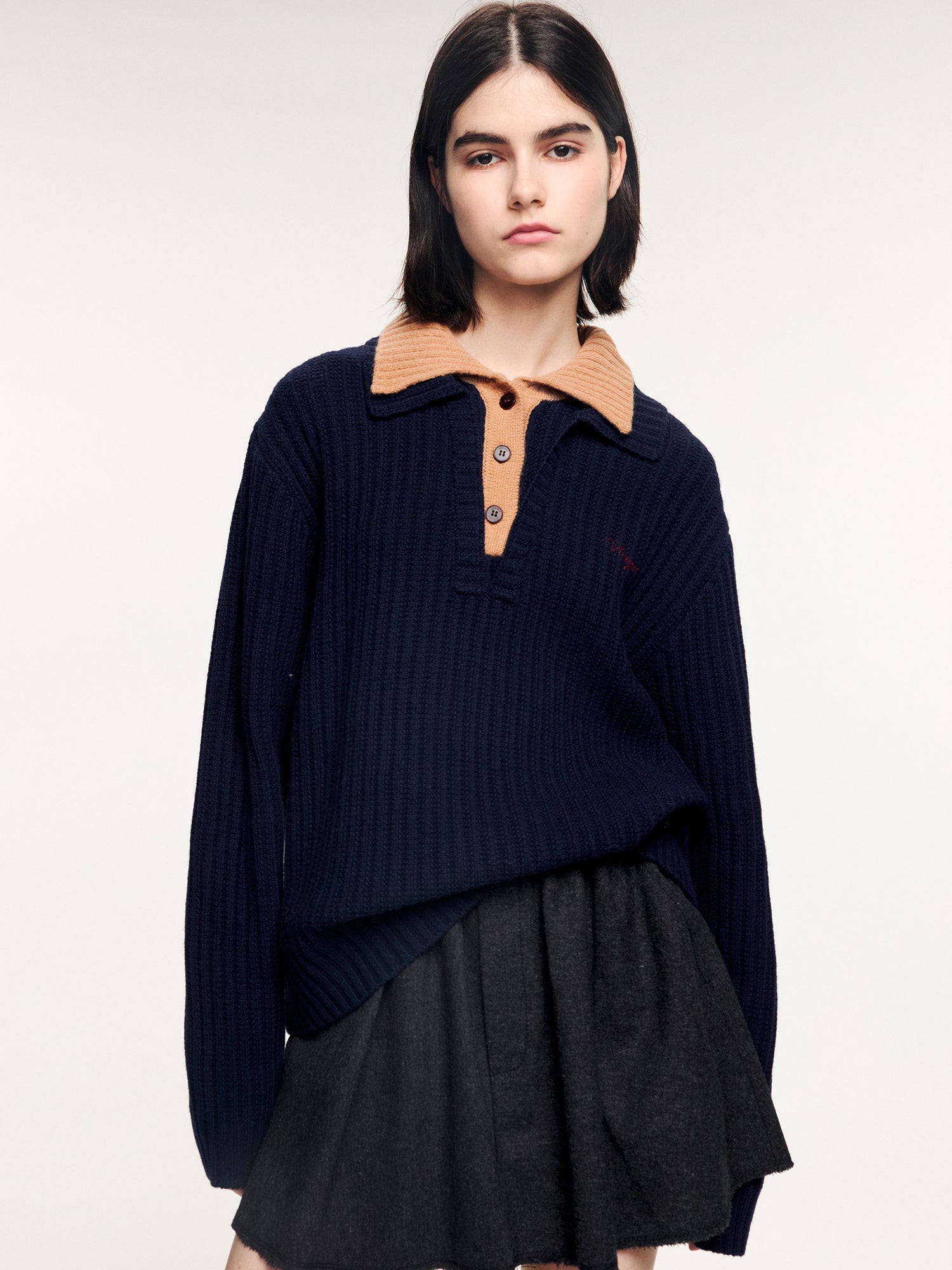 Vintage layered-look polo collar pullover knit