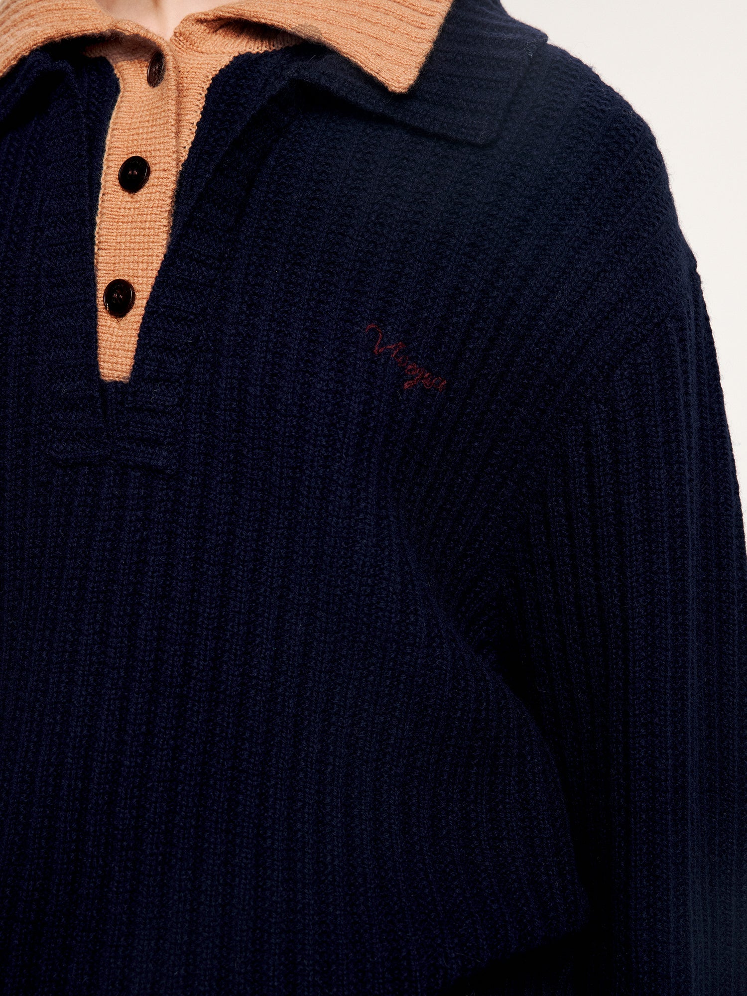 Vintage layered-look polo collar pullover knit