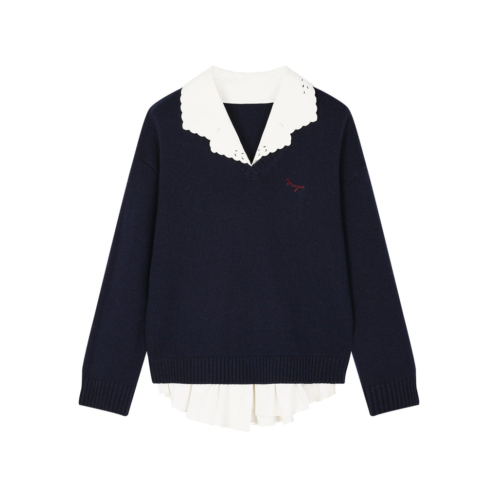V-neck layered-look pullover with shirt detail