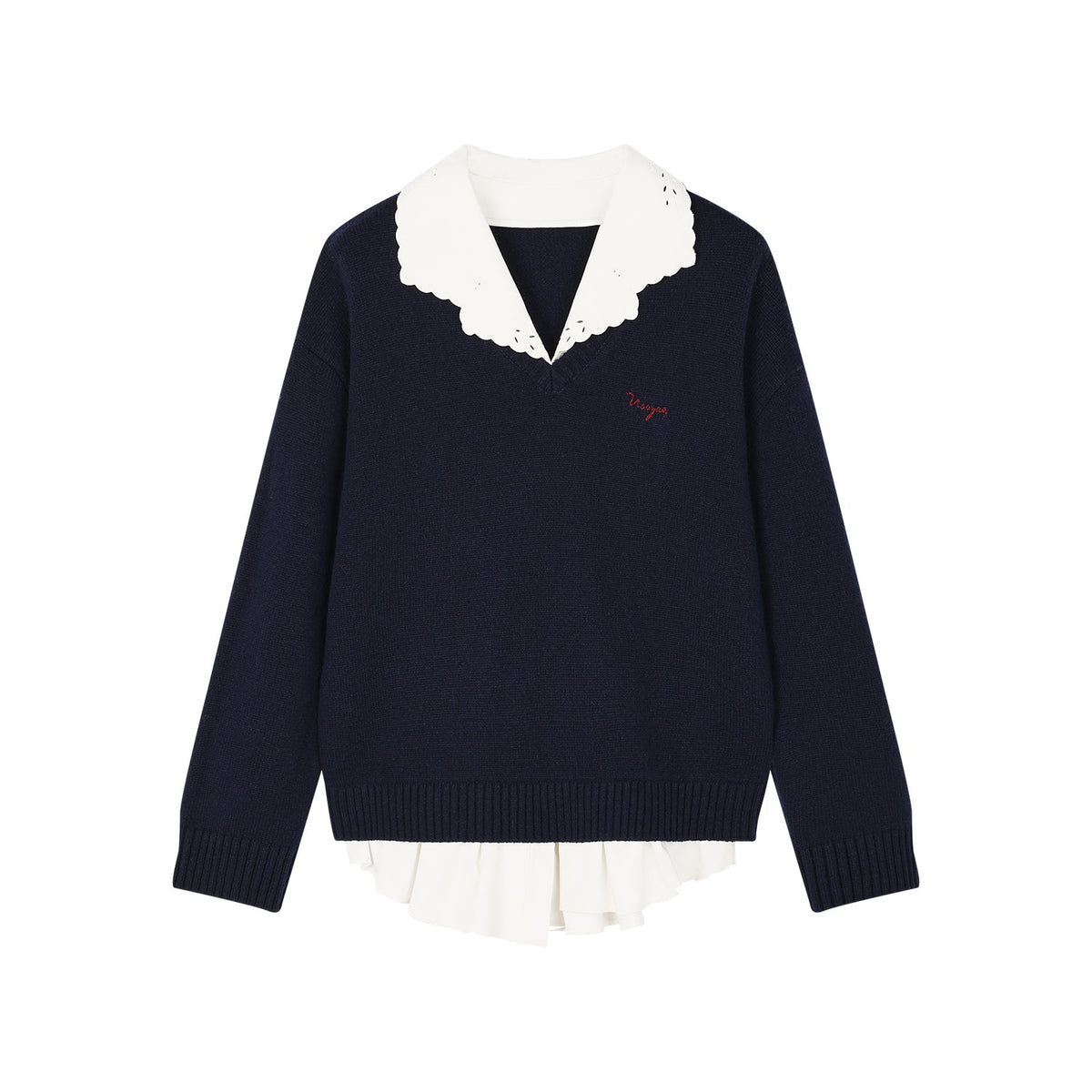 V-neck layered-look pullover with shirt detail