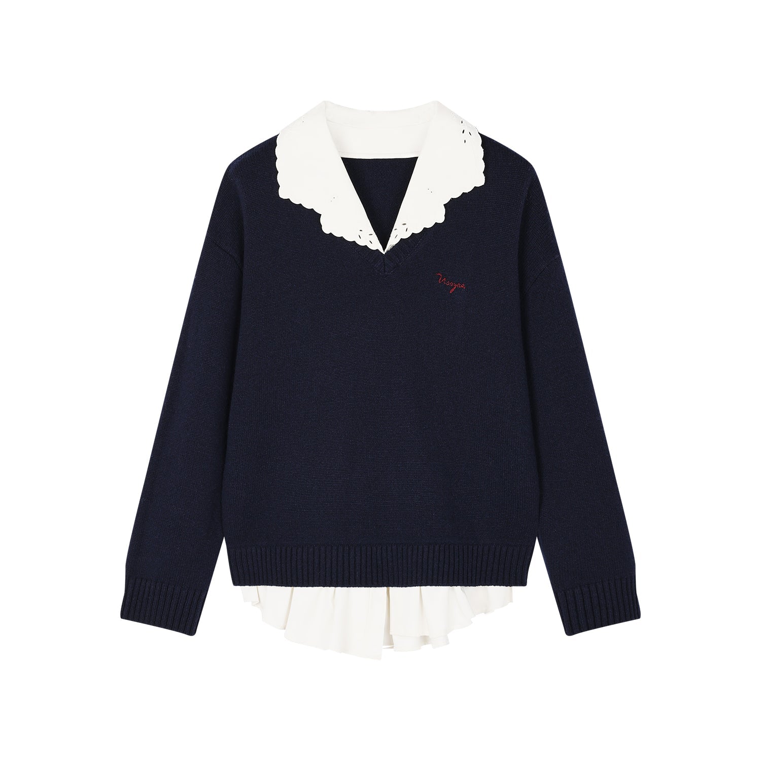 V-neck layered-look pullover with shirt detail