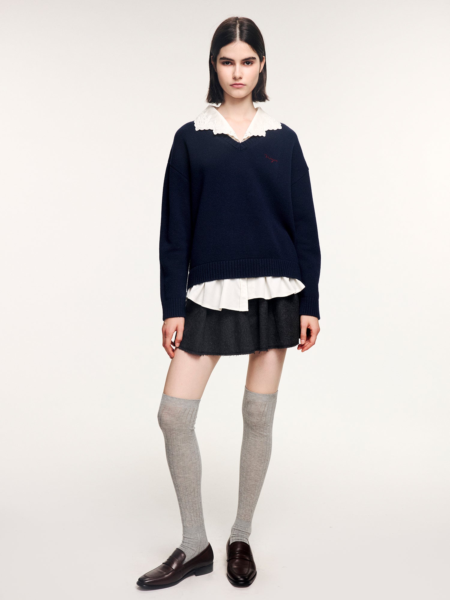 V-neck layered-look pullover with shirt detail