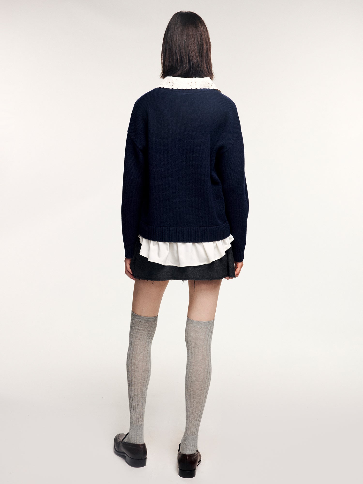 V-neck layered-look pullover with shirt detail