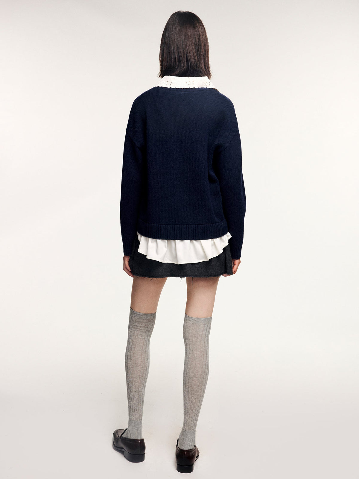 V-neck layered-look pullover with shirt detail