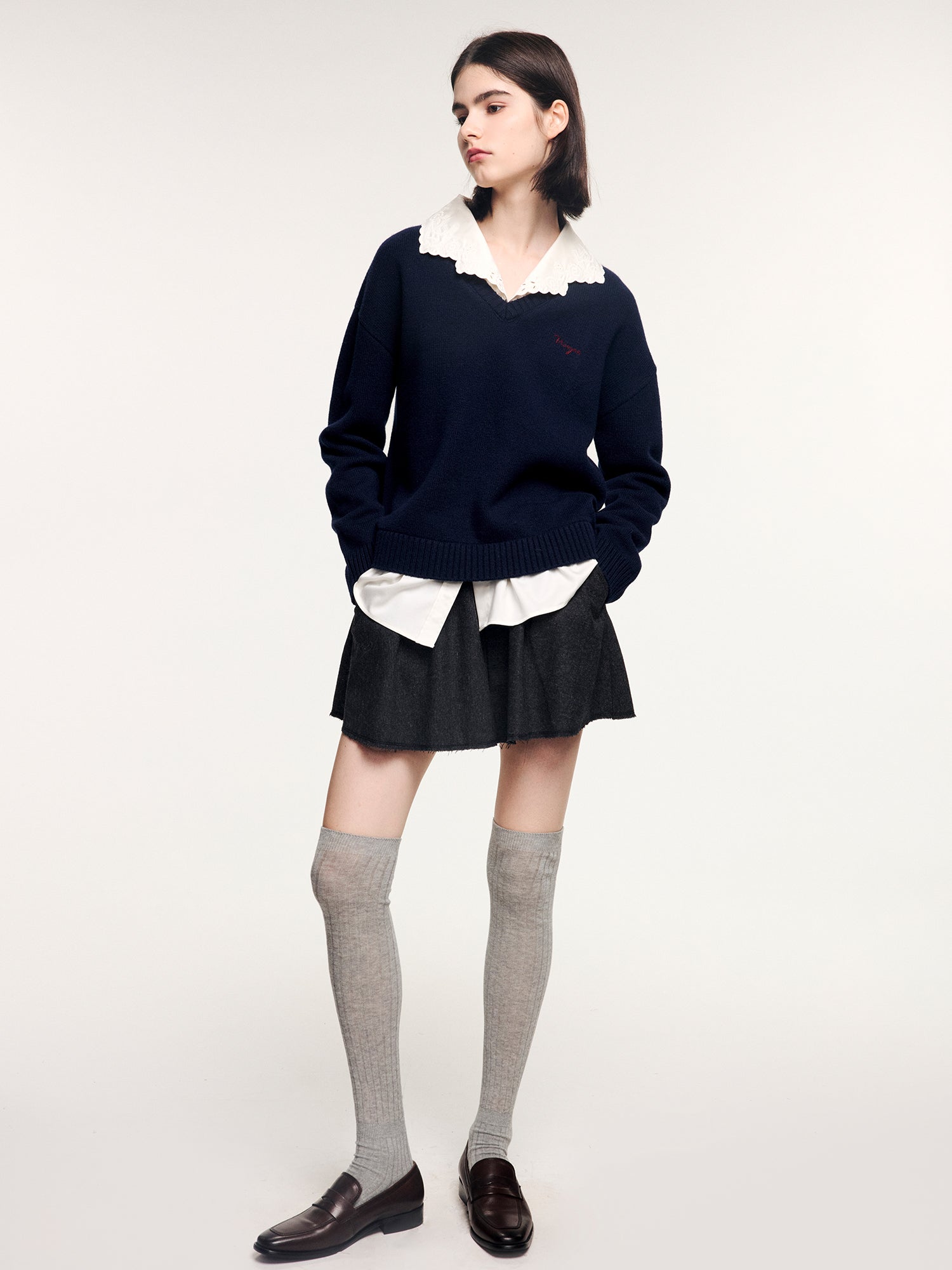 V-neck layered-look pullover with shirt detail