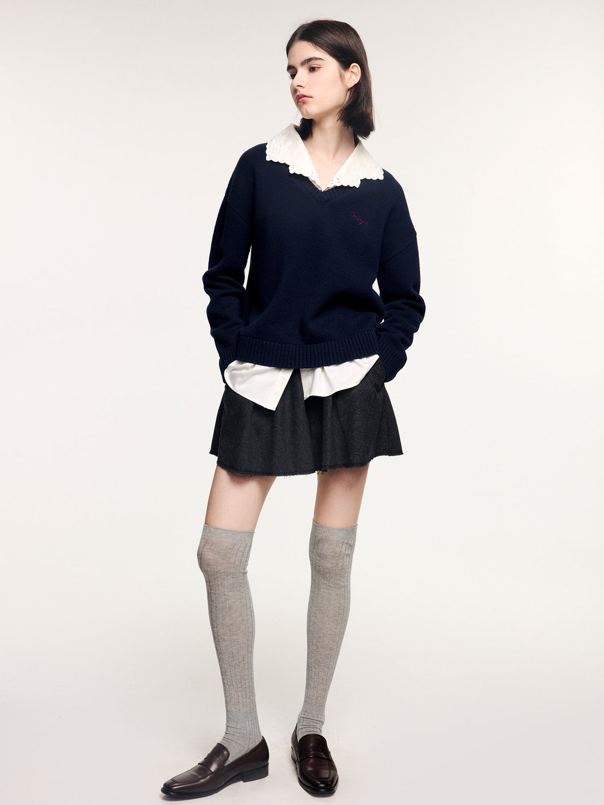 V-neck layered-look pullover with shirt detail