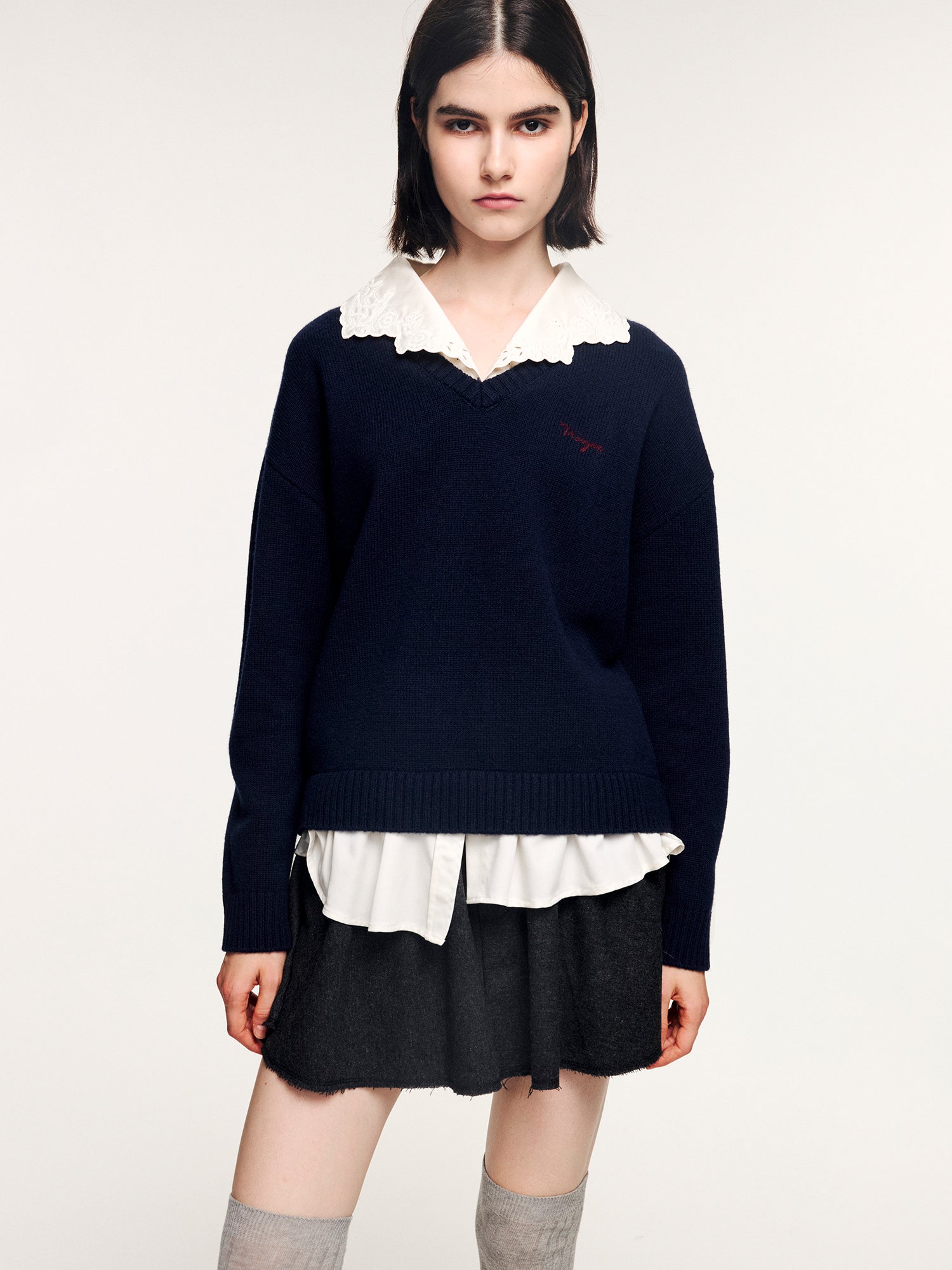 V-neck layered-look pullover with shirt detail