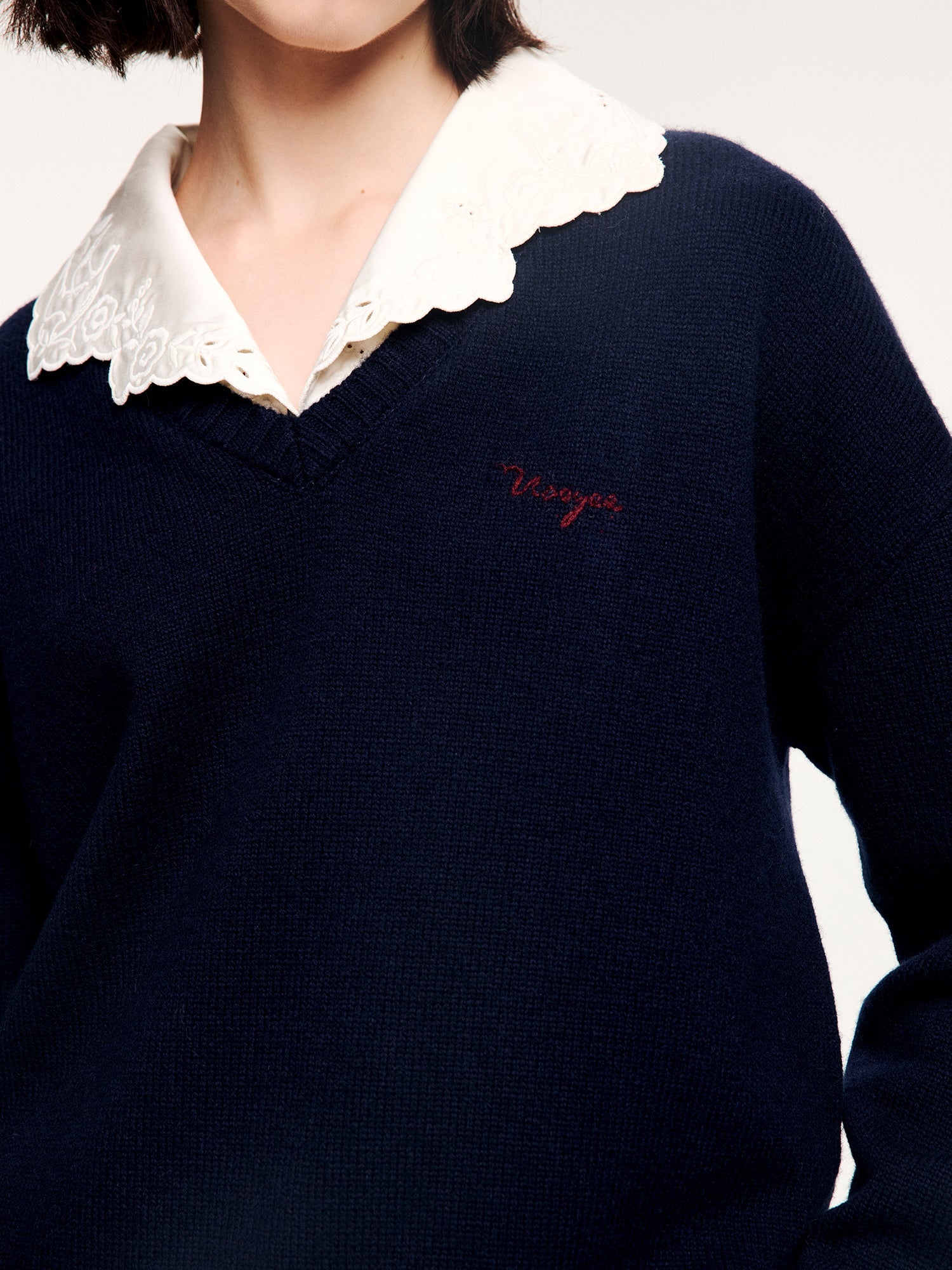 V-neck layered-look pullover with shirt detail