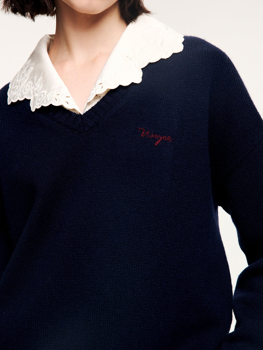 V-neck layered-look pullover with shirt detail