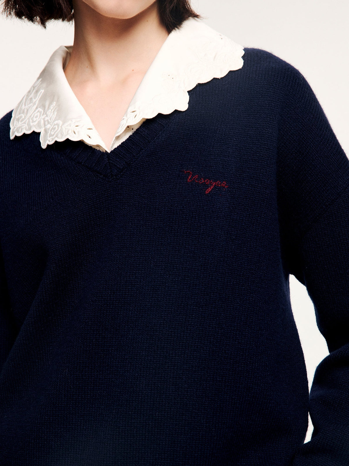 V-neck layered-look pullover with shirt detail