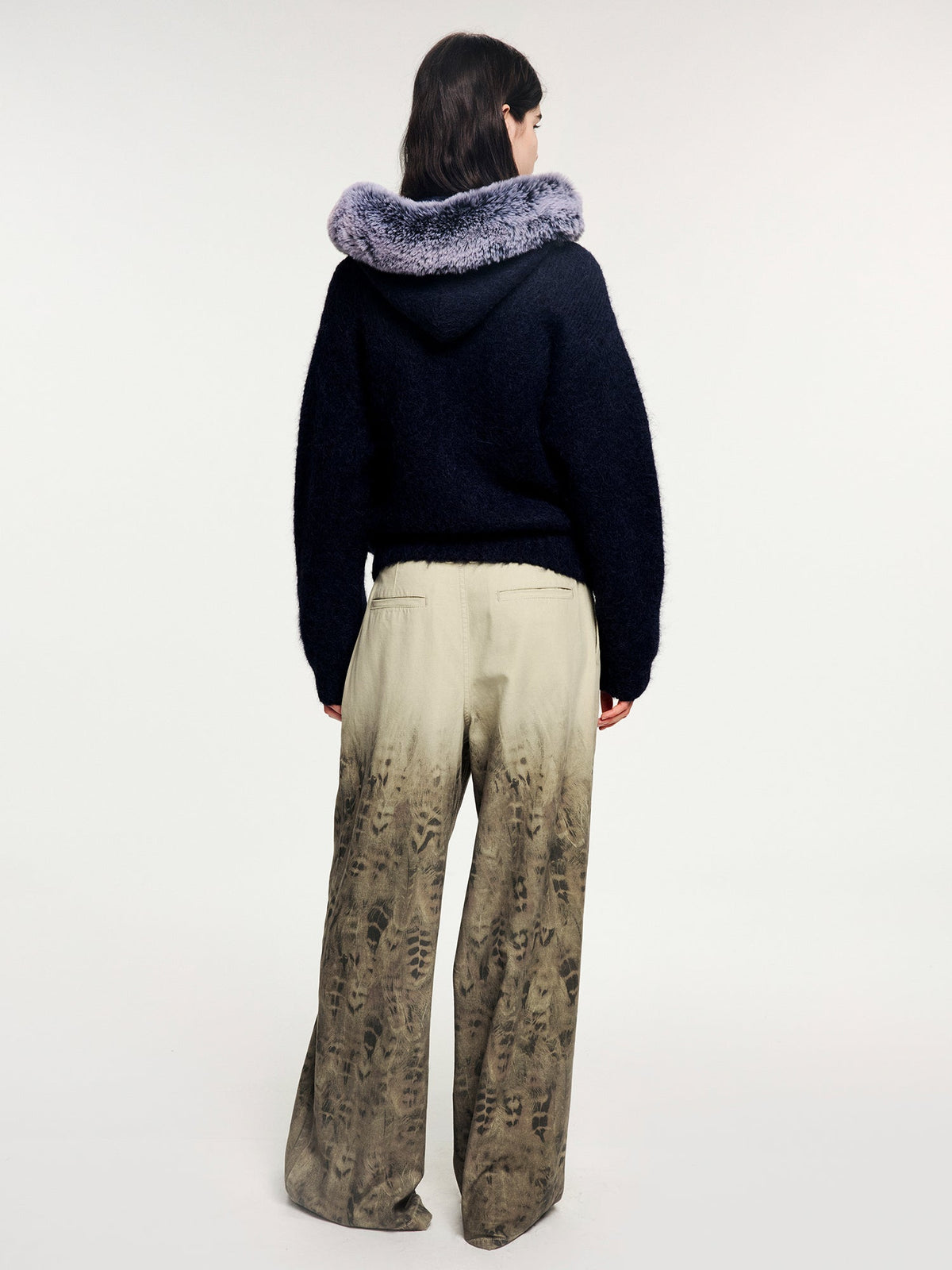 Fuzzy collar zip-up knit cardigan