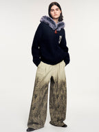 Fuzzy collar zip-up knit cardigan