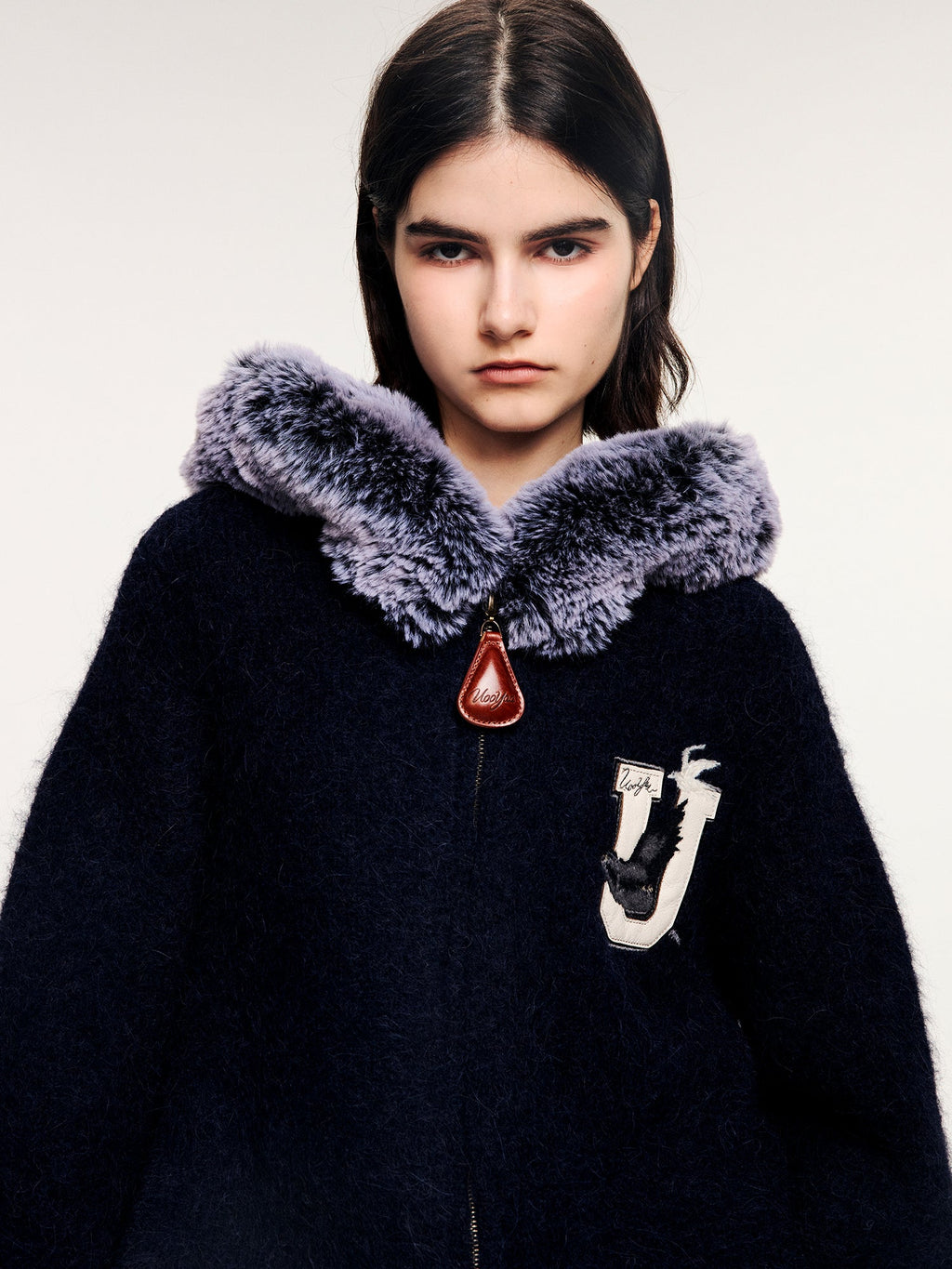 Fuzzy collar zip-up knit cardigan