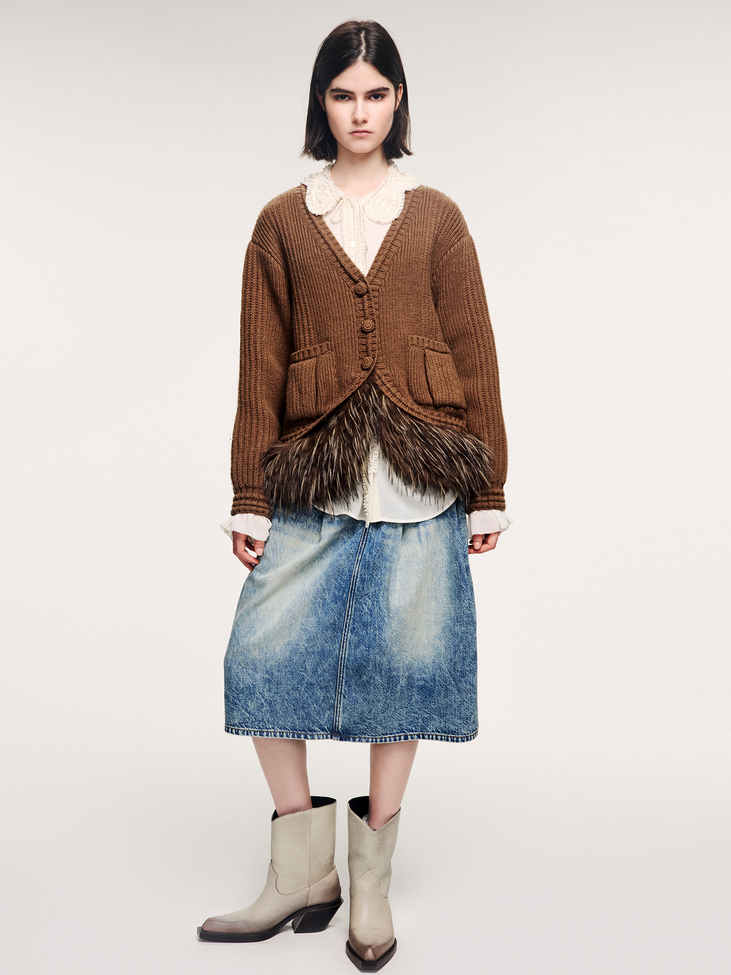 Fur hem knit cardigan