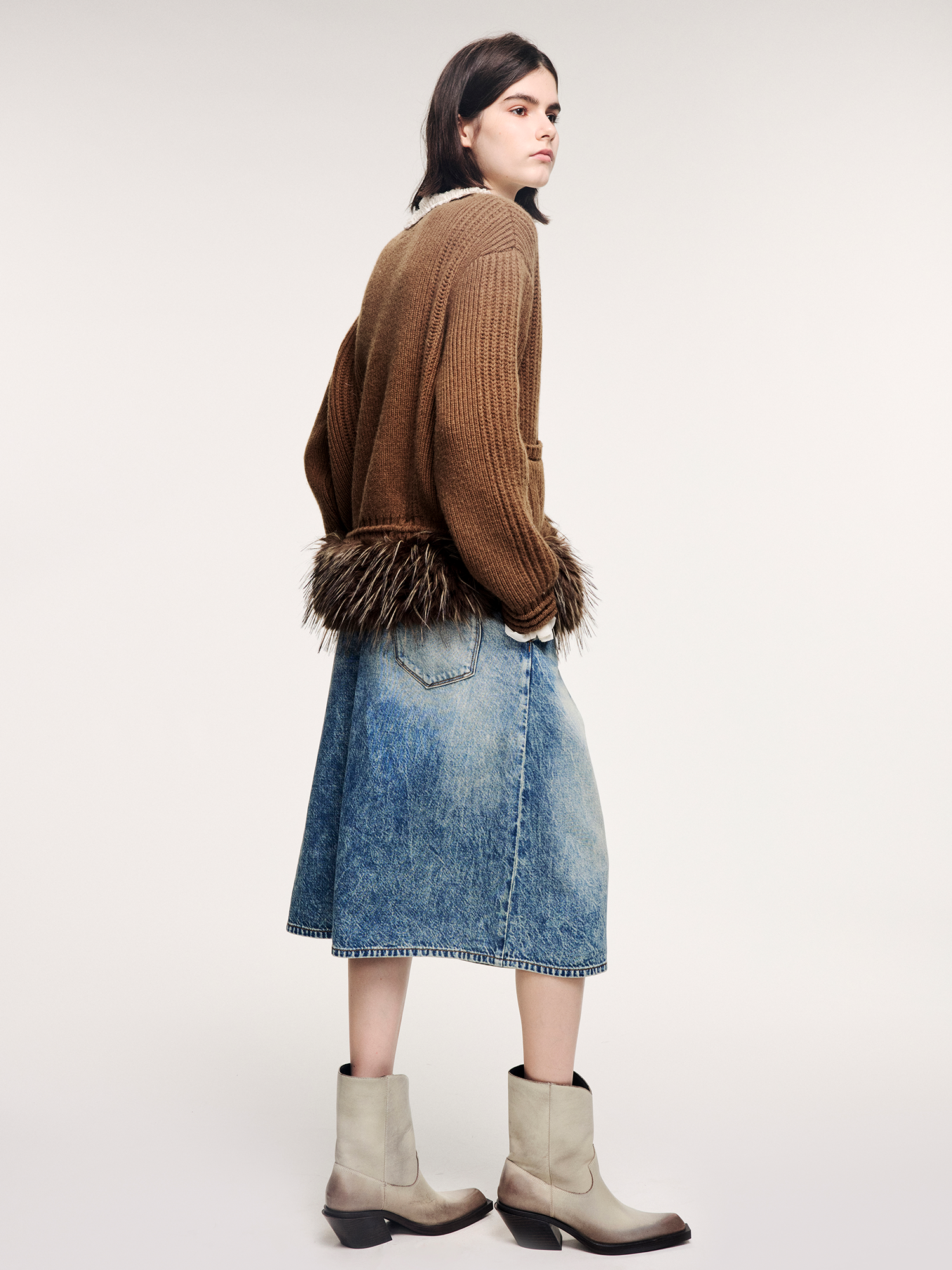 Fur hem knit cardigan