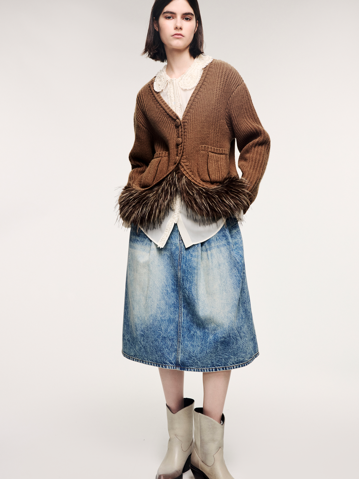 Fur hem knit cardigan