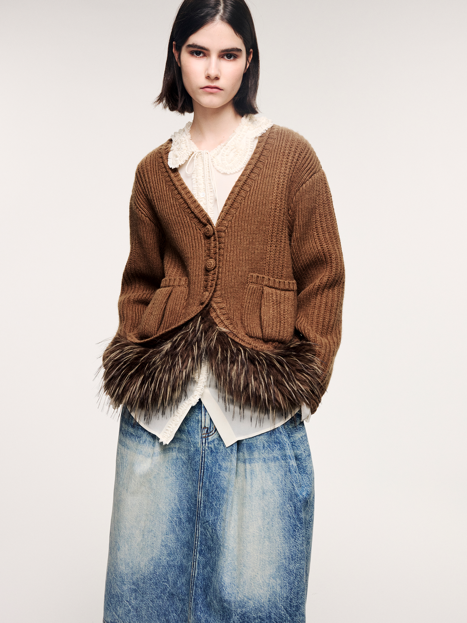 Fur hem knit cardigan