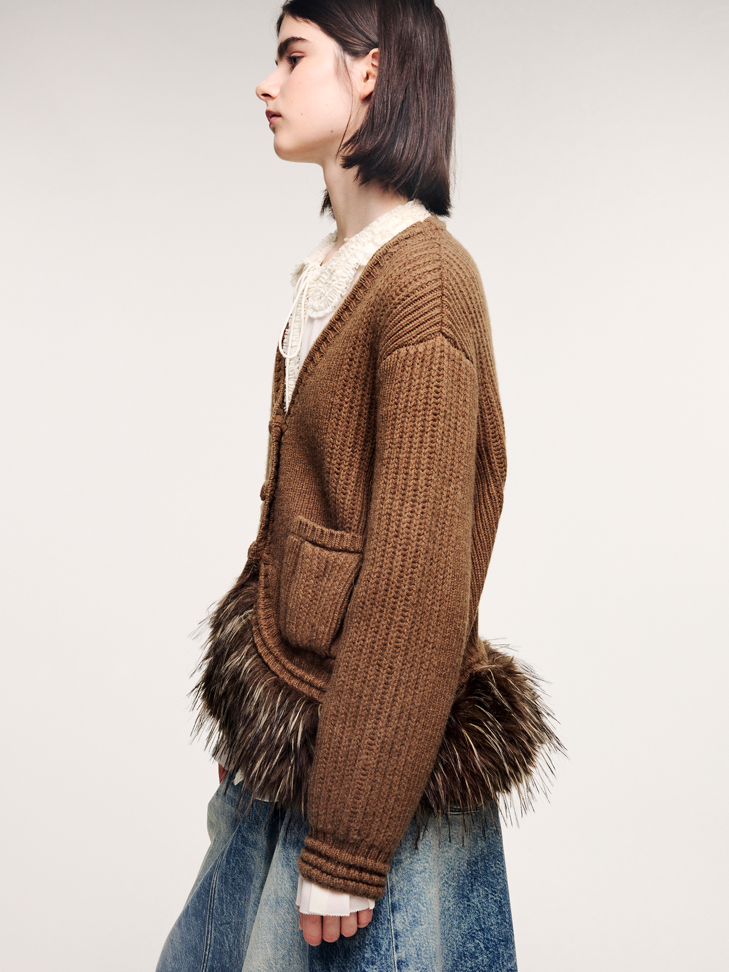 Fur hem knit cardigan