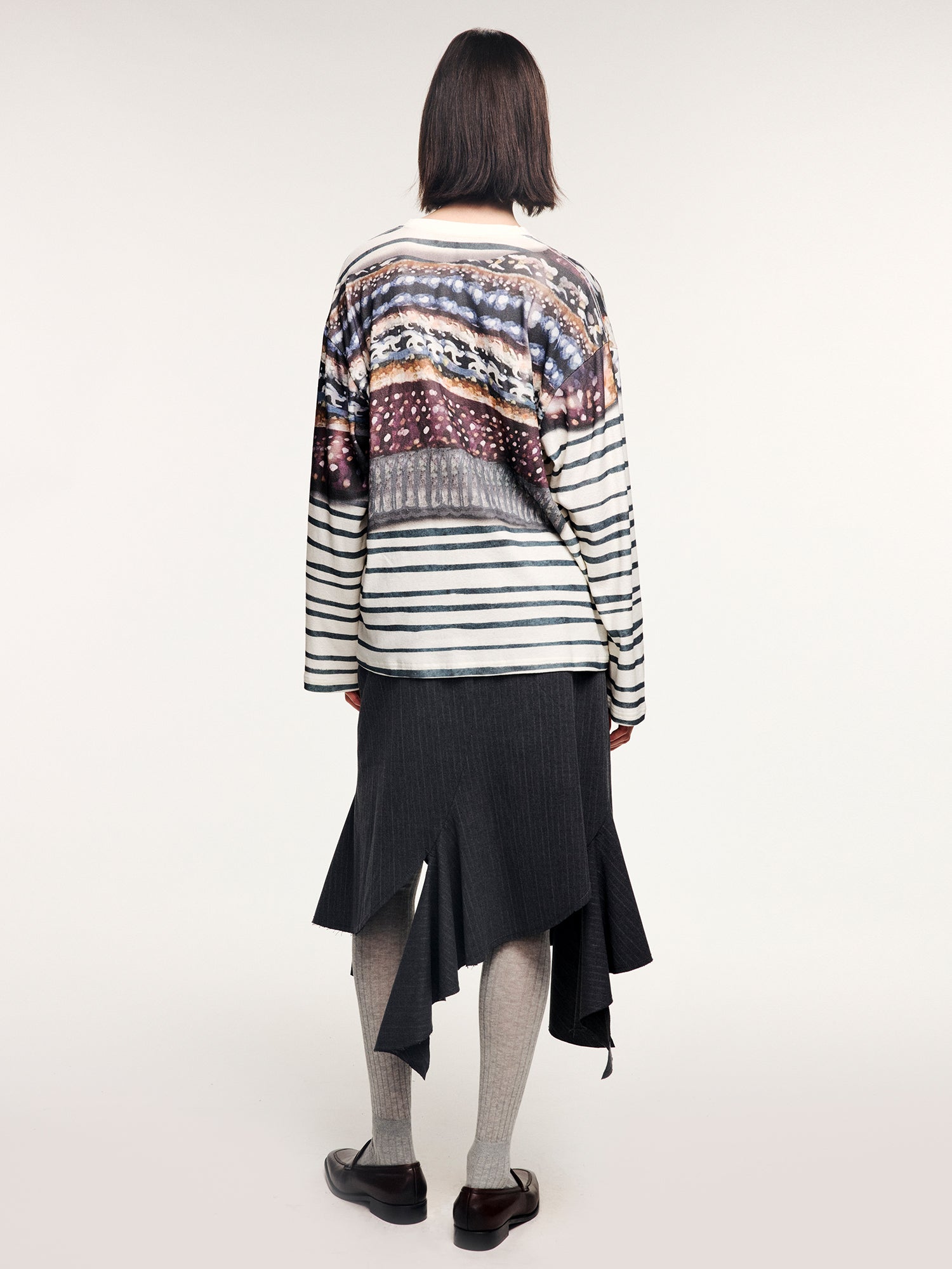 Knit shawl print long sleeve t-shirt