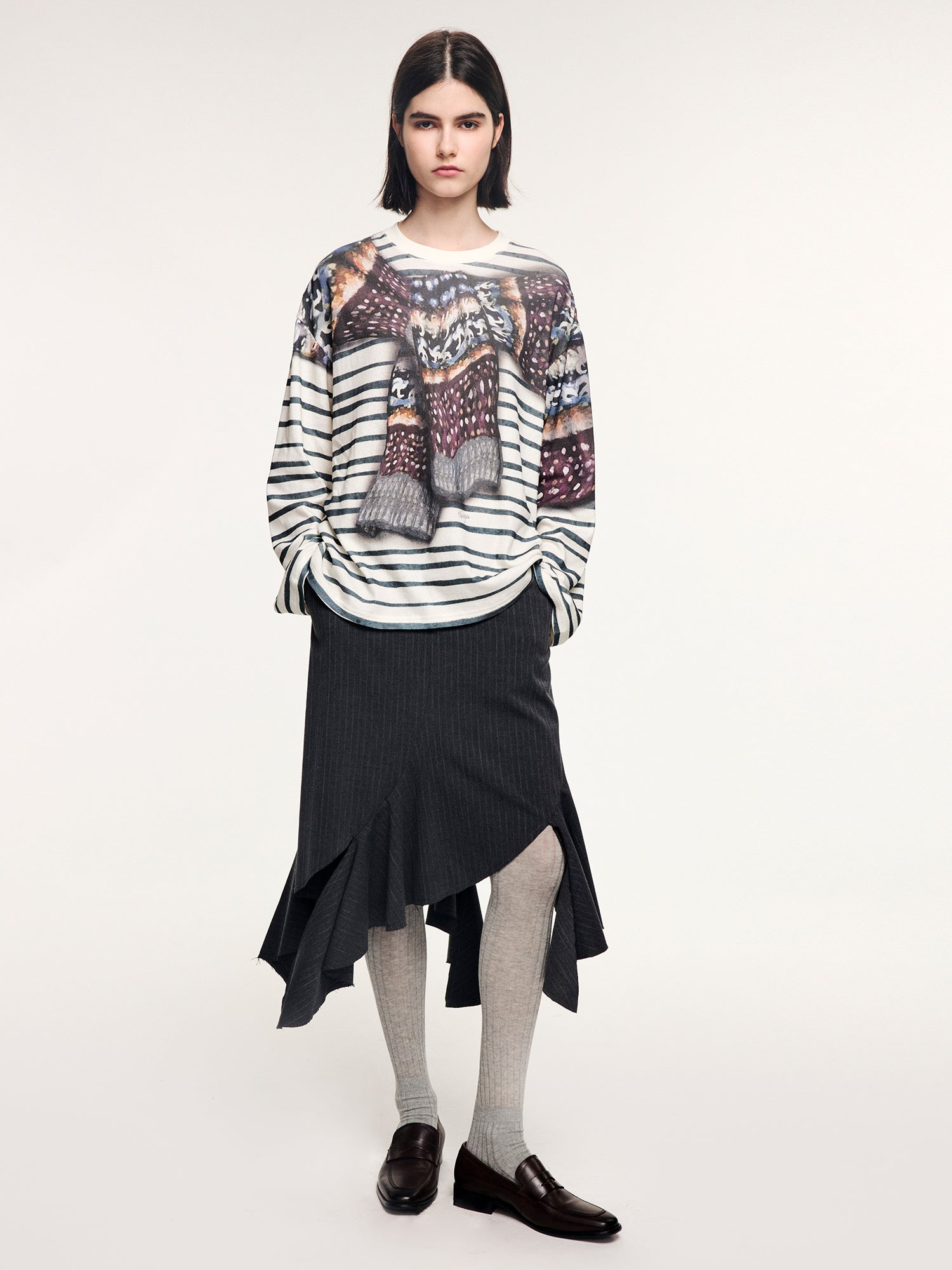 Knit shawl print long sleeve t-shirt