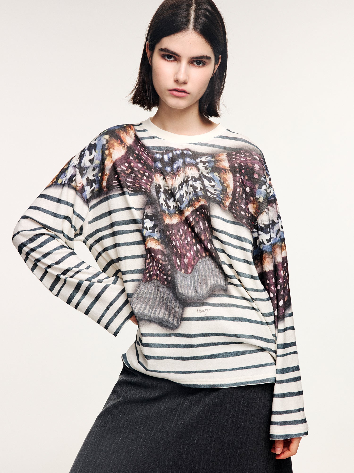 Knit shawl print long sleeve t-shirt