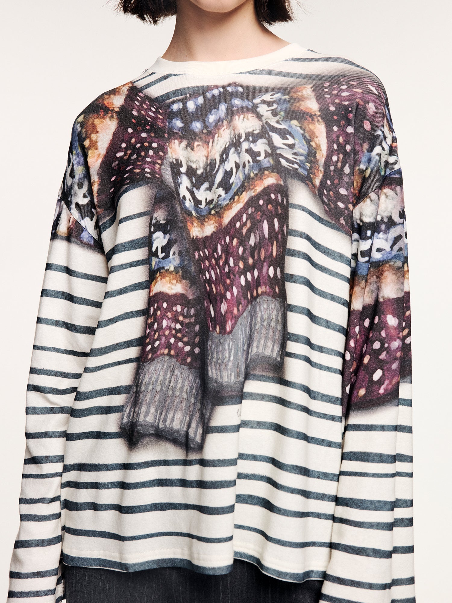 Knit shawl print long sleeve t-shirt