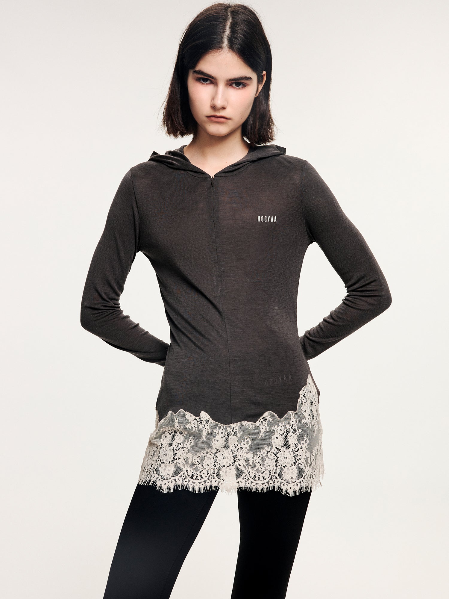Lace panel sporty long sleeve t-shirt