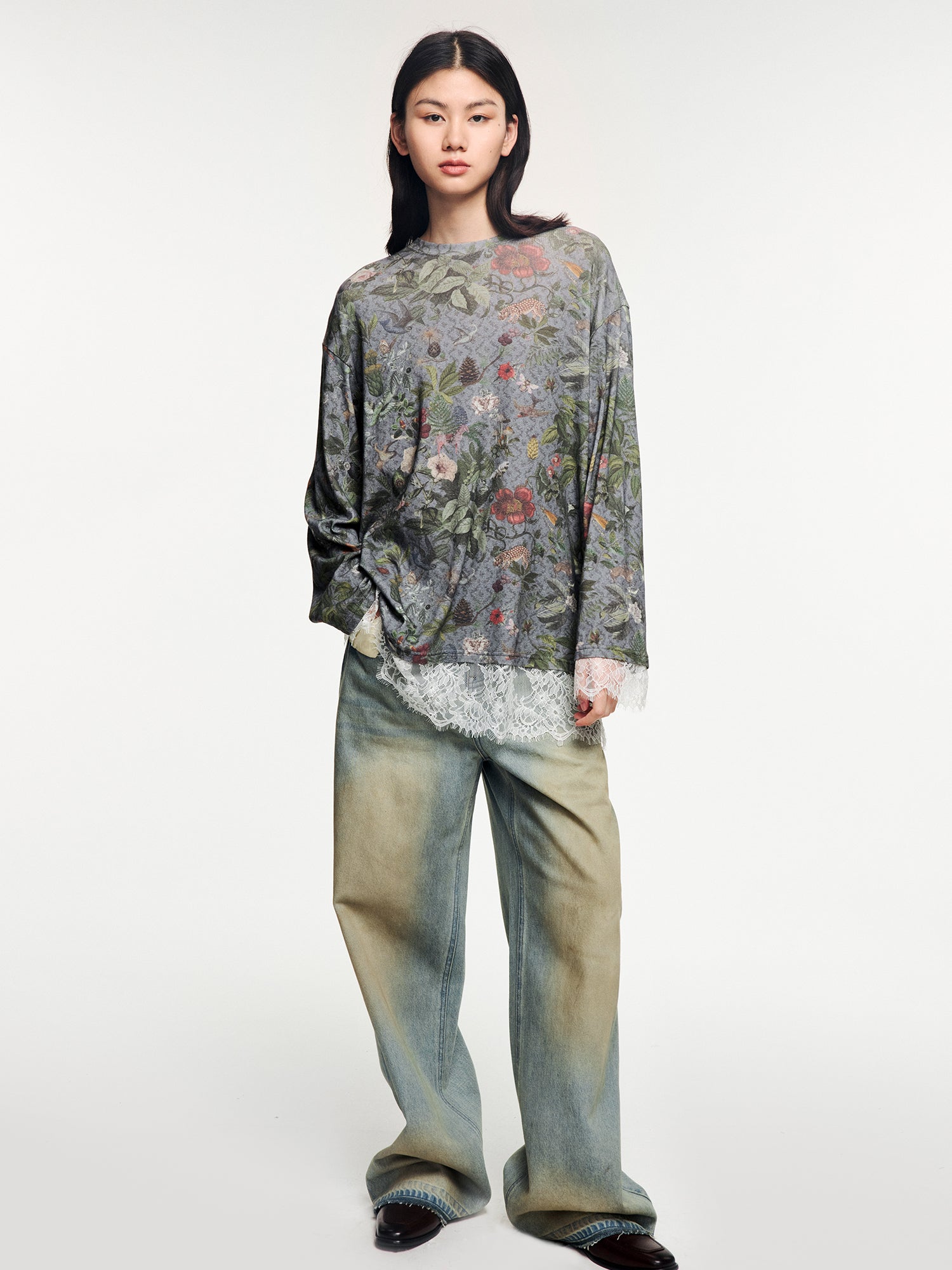 Magical garden lace-panel long-sleeve t-shirt