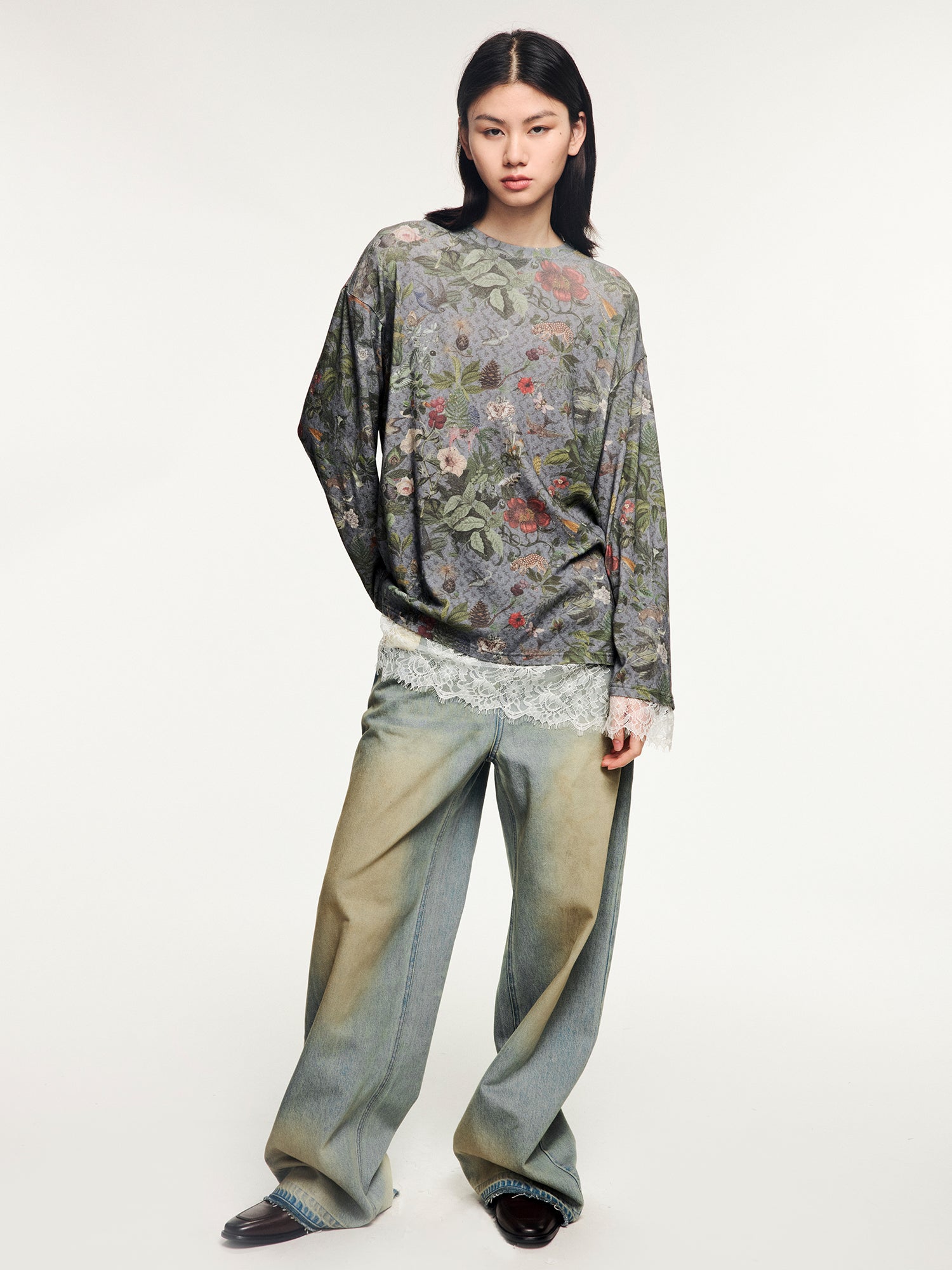 Magical garden lace-panel long-sleeve t-shirt