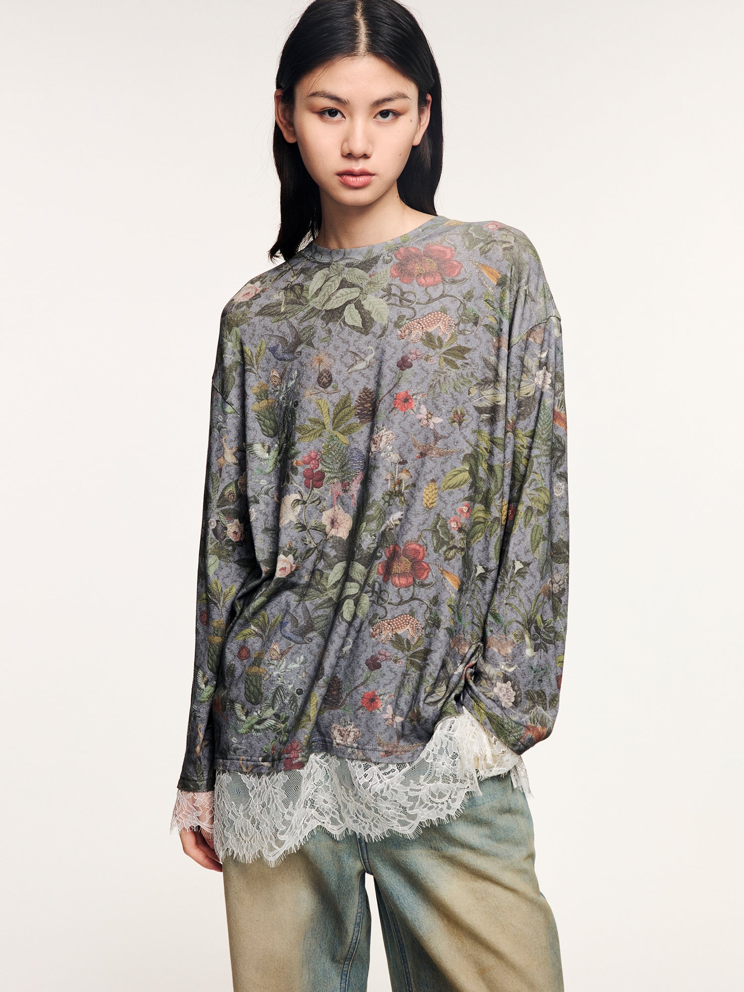 Magical garden lace-panel long-sleeve t-shirt