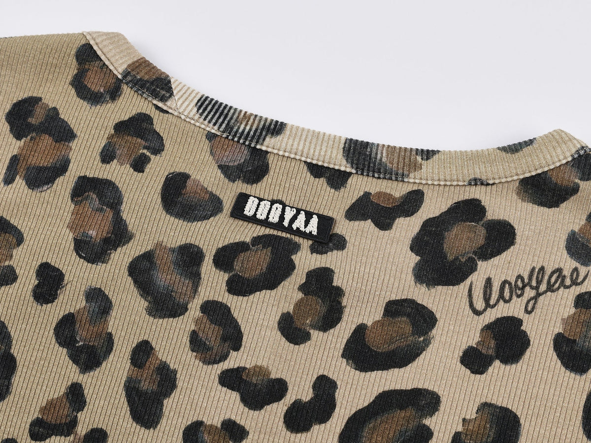 Leopard lace henley long sleeve t-shirt