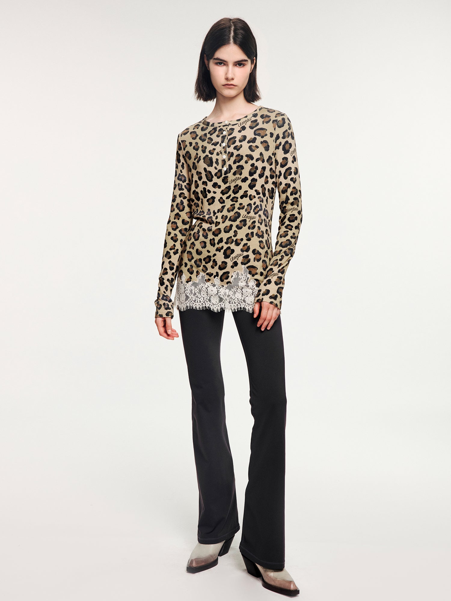Leopard lace henley long sleeve t-shirt