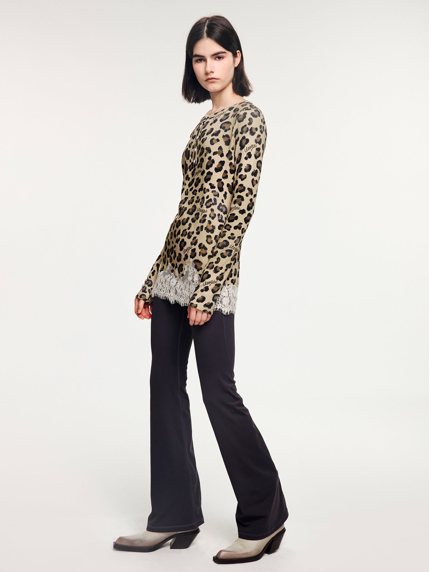 Leopard lace henley long sleeve t-shirt