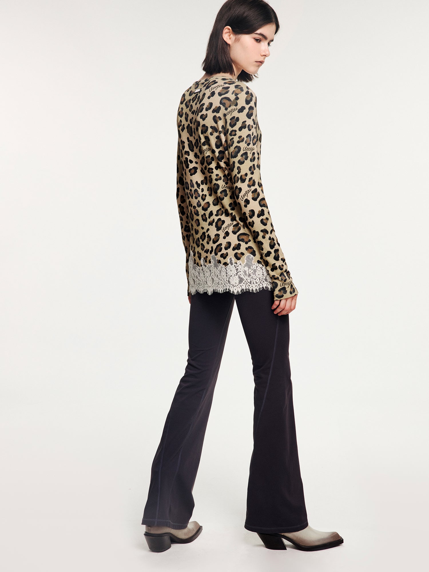 Leopard lace henley long sleeve t-shirt