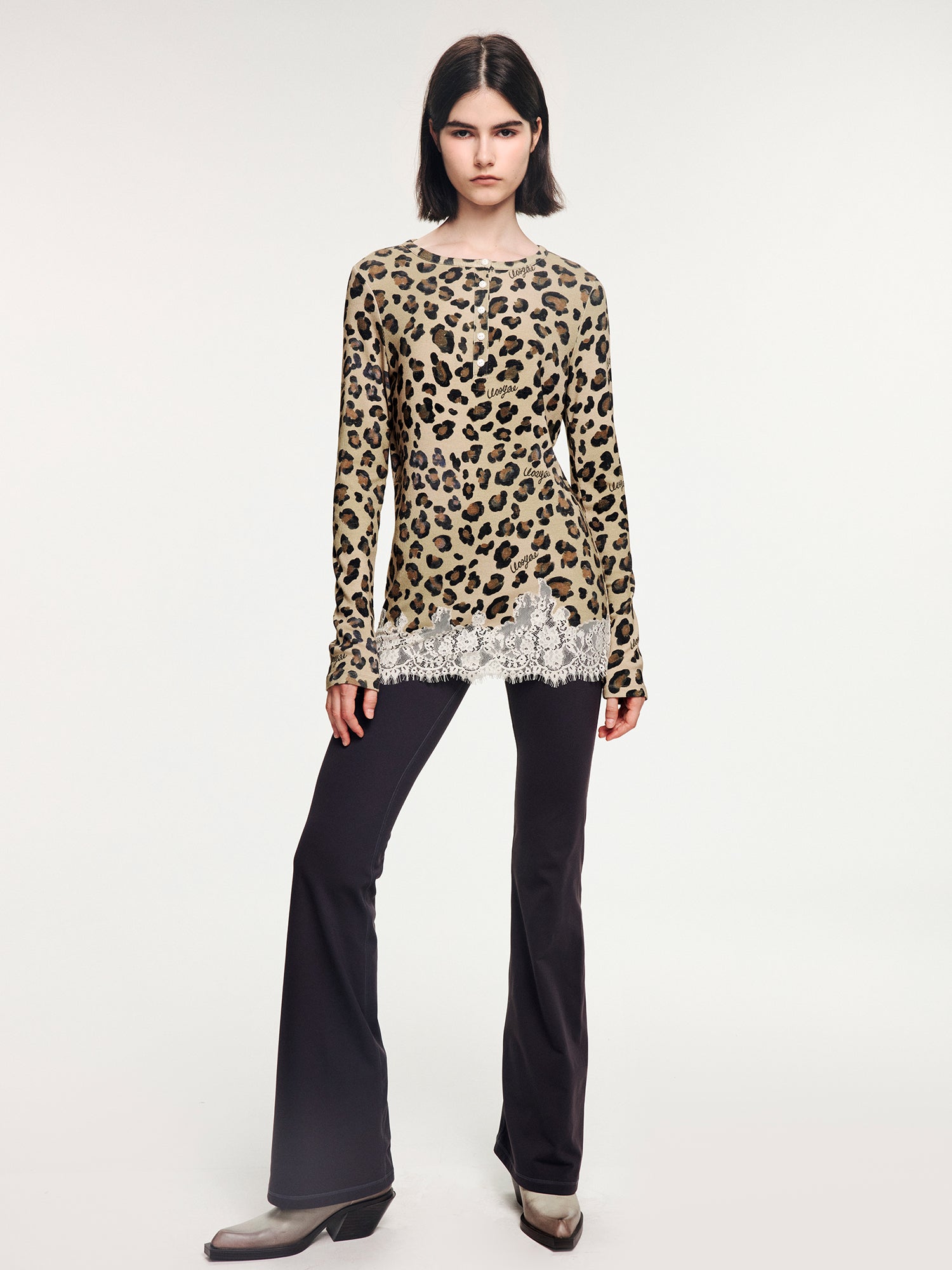 Leopard lace henley long sleeve t-shirt