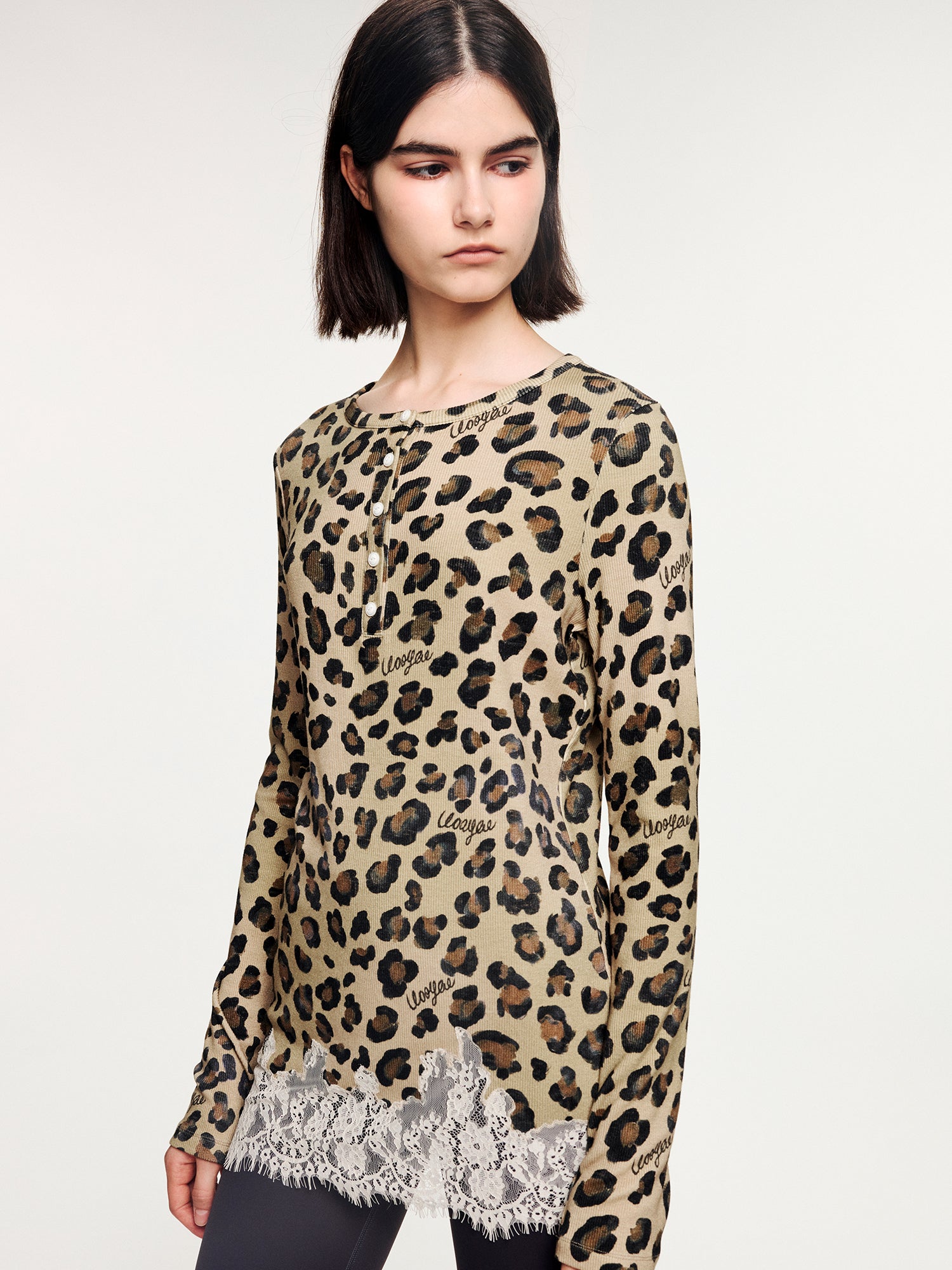 Leopard lace henley long sleeve t-shirt