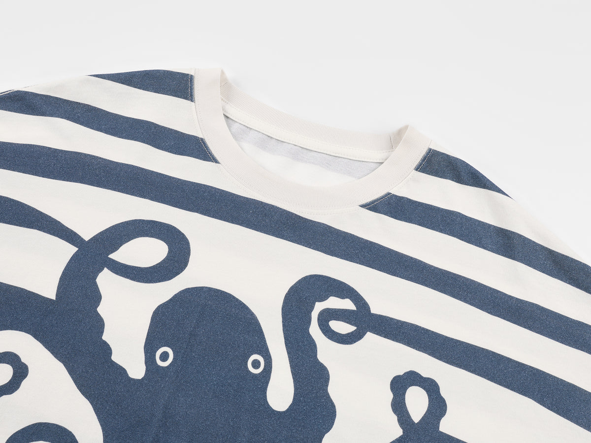 Striped long sleeve t-shirt with undersea octopus