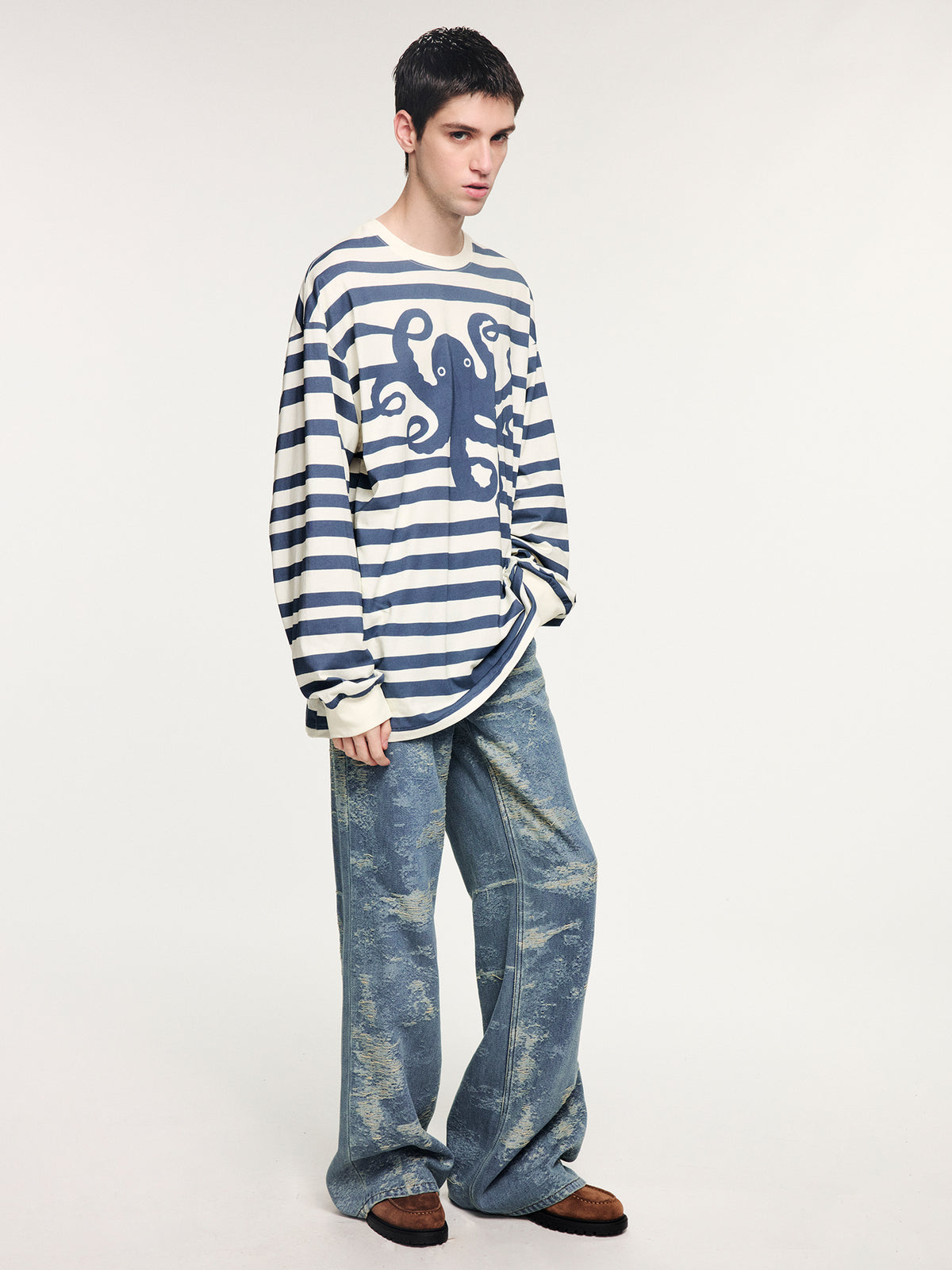 Striped long sleeve t-shirt with undersea octopus