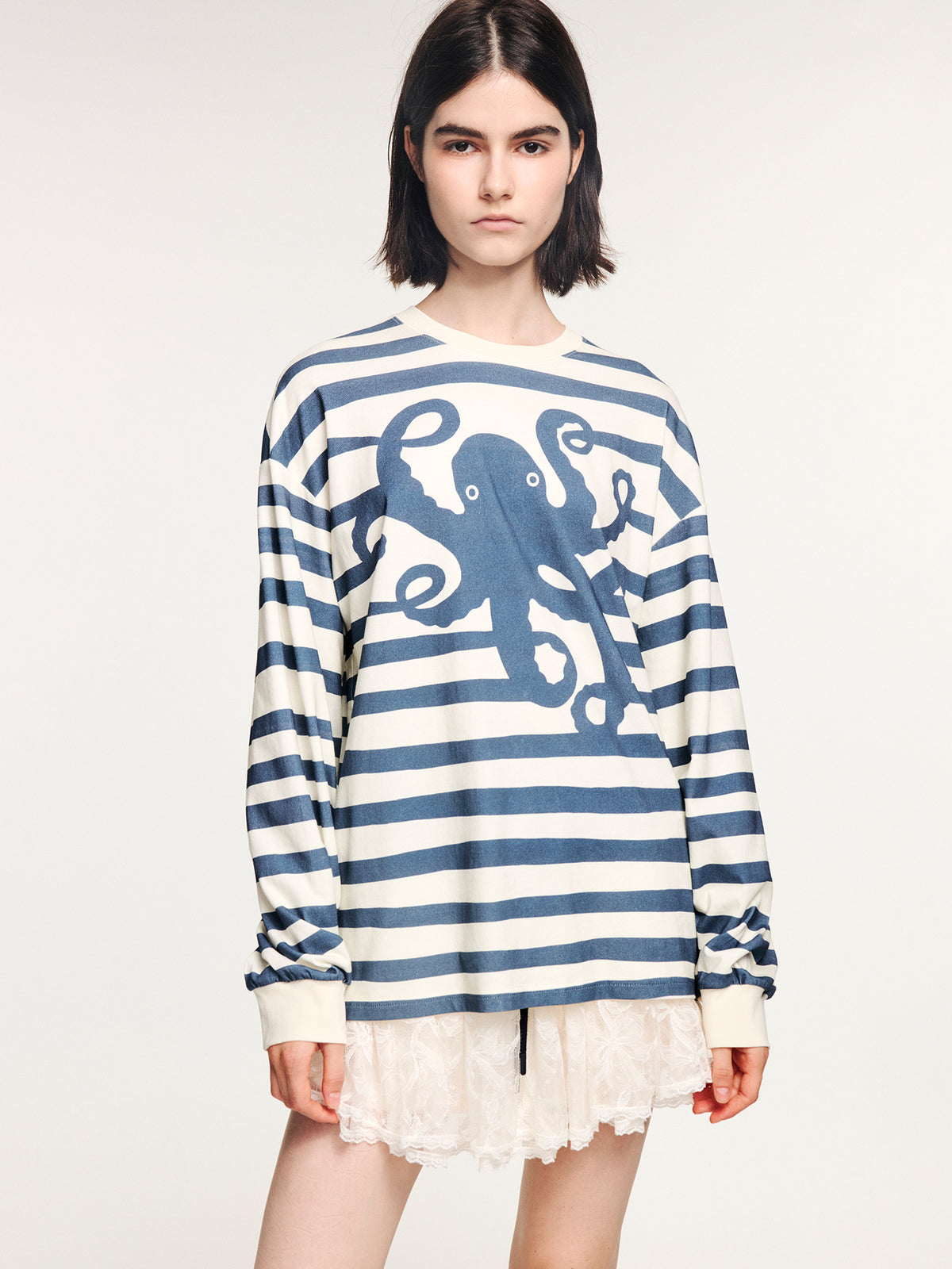Striped long sleeve t-shirt with undersea octopus