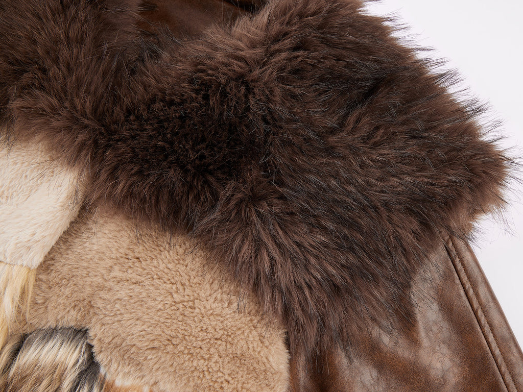 Irregular faux fur panelled baseball jacket with sailor collar