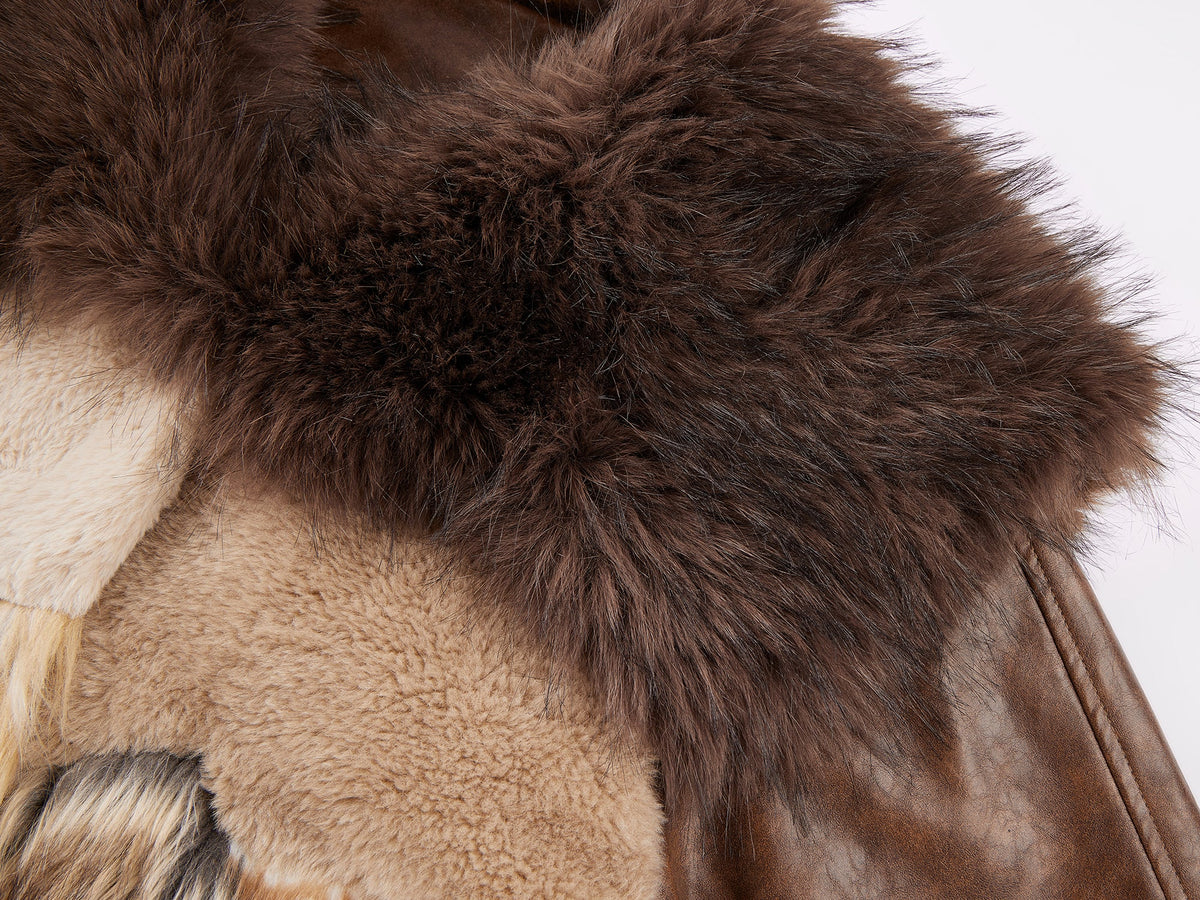 Irregular faux fur panelled baseball jacket with sailor collar