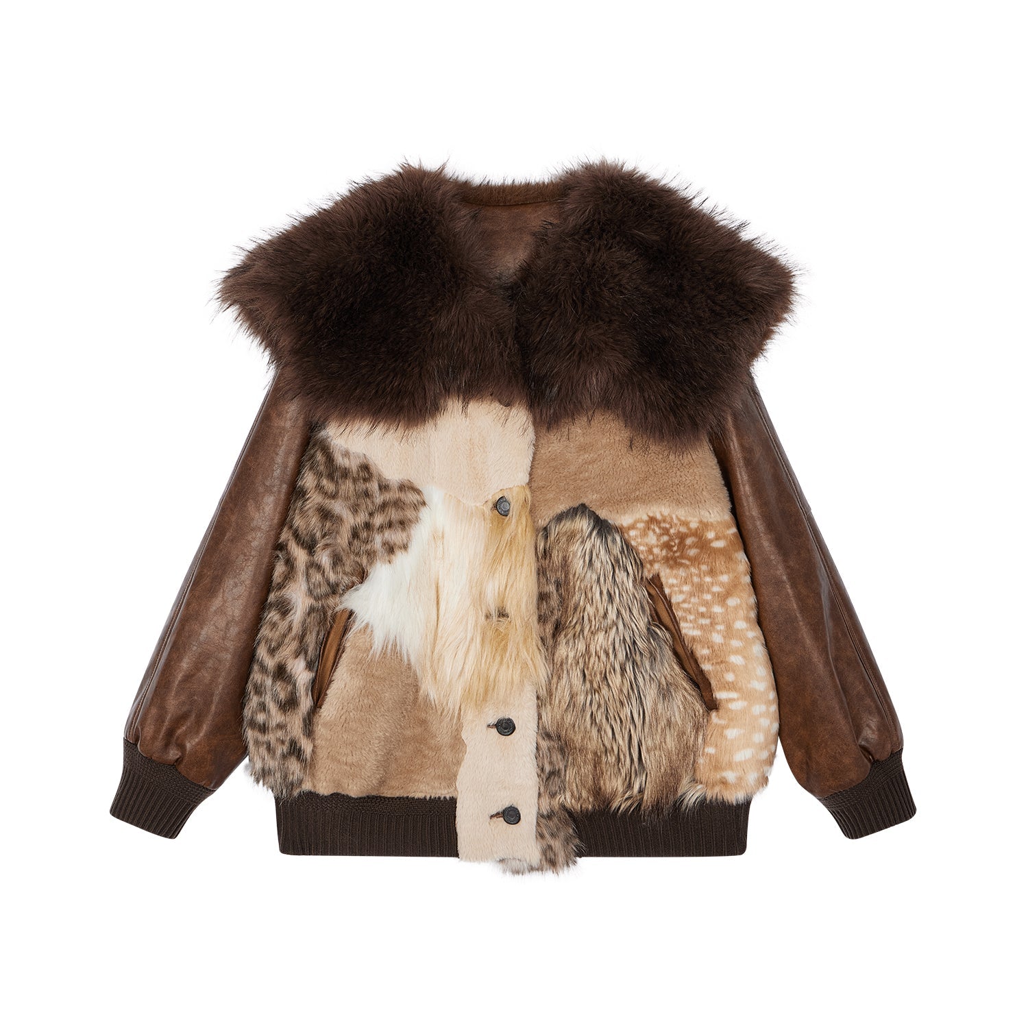 Irregular faux fur panelled baseball jacket with sailor collar