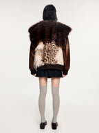 Irregular faux fur panelled baseball jacket with sailor collar
