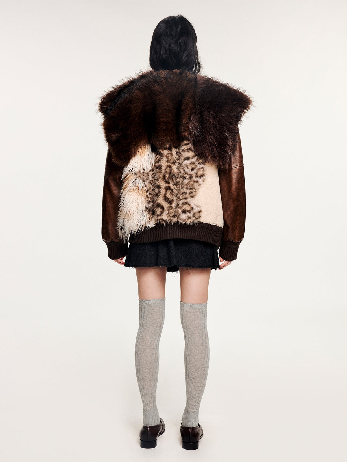 Irregular faux fur panelled baseball jacket with sailor collar