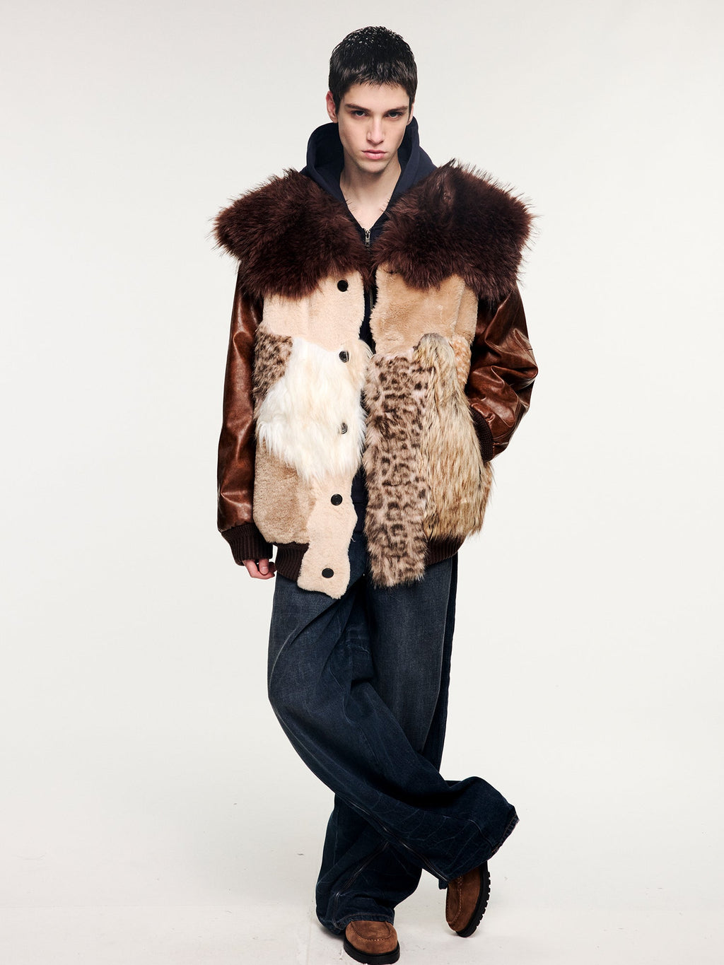 Irregular faux fur panelled baseball jacket with sailor collar