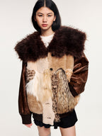 Irregular faux fur panelled baseball jacket with sailor collar