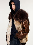 Irregular faux fur panelled baseball jacket with sailor collar