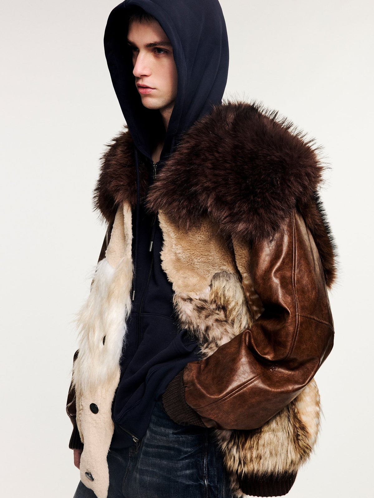 Irregular faux fur panelled baseball jacket with sailor collar