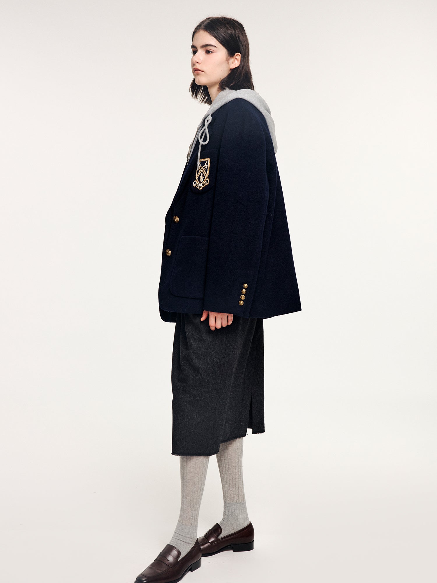 Hoodie-layered look wool blazer