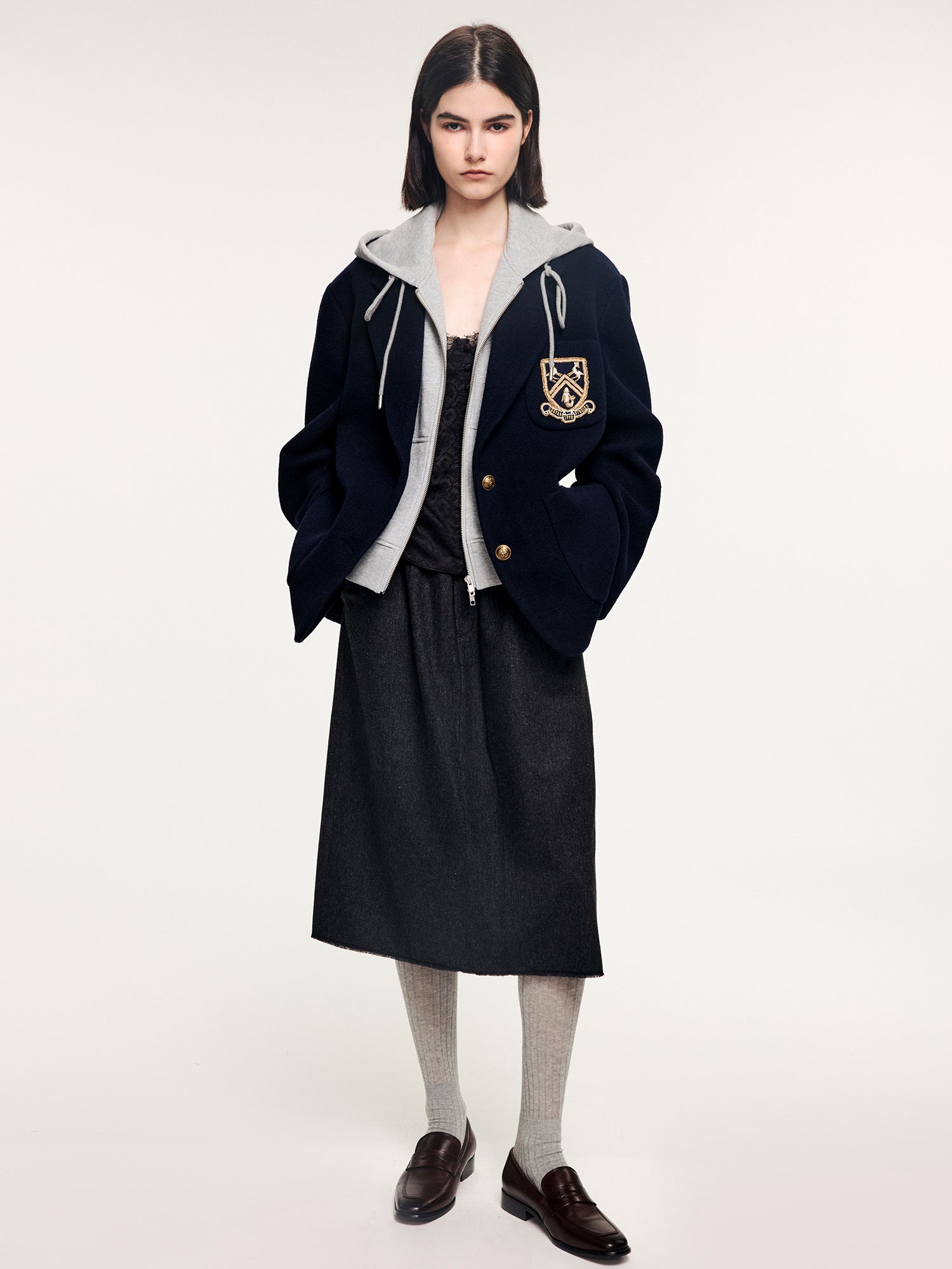 Hoodie-layered look wool blazer